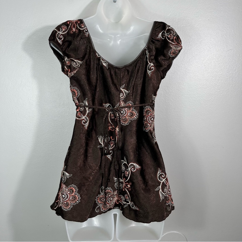 Heart Soul Y2K Vintage Brown Silky Babydoll Puff Sleeve Rhinestone Top Fairy M - Picture 4 of 6
